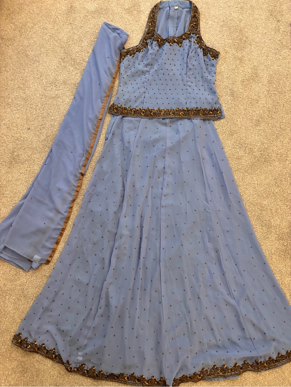 Classy Two-Piece Lehenga Set with antique gold beadin halter top style - NWT
